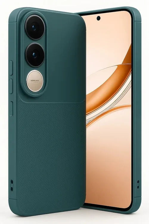 Close-up of green brushed carbon design TPU case for Vivo V50 Lite with camera protection.