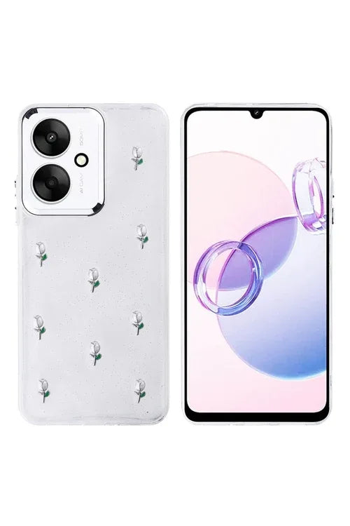 Xiaomi Poco C65 case with detailed bow and floral glitter design, shown from side angle.