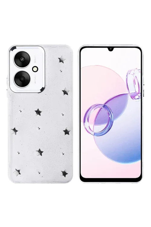 Close-up of shimmering transparent phone case featuring glitter bow and floral decorations.
