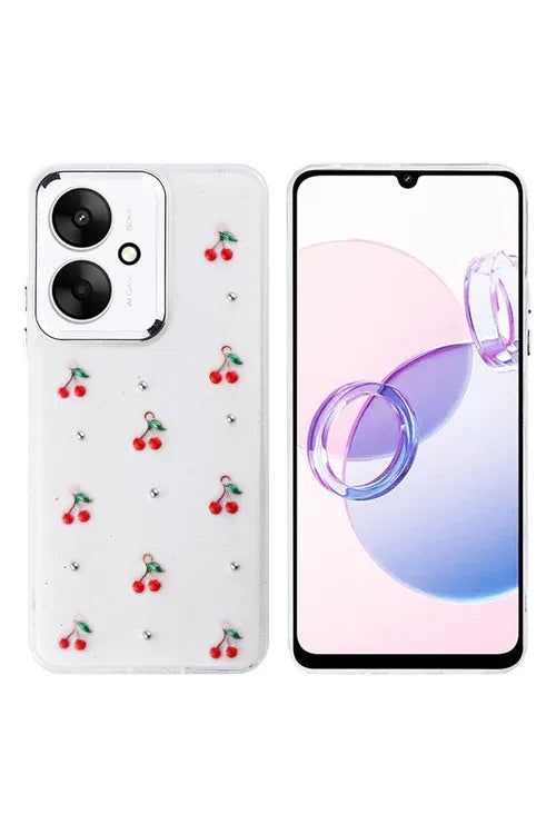 Back view of glittery transparent phone case adorned with bow, stars, cherries, and tulips.