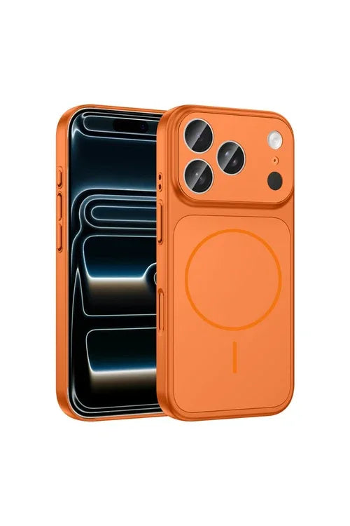 Orange iPhone 17 Pro Max case featuring lightweight, slim fit design with full camera coverage