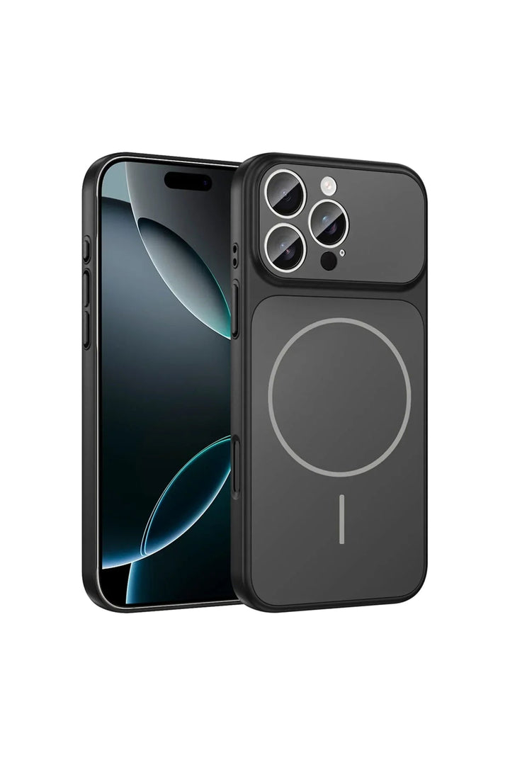 Black iPhone 14 Pro Max case with magnetic charging and full camera protection, sleek and durable.