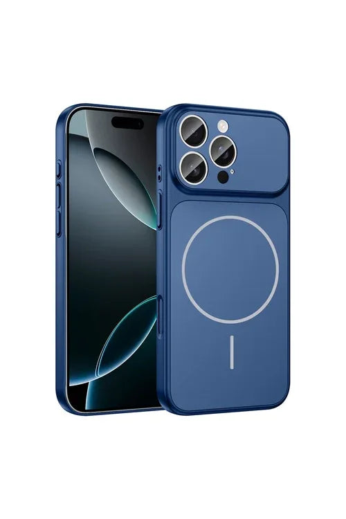 Blue iPhone 14 Pro Max case with magnetic charging compatibility and full camera protection.