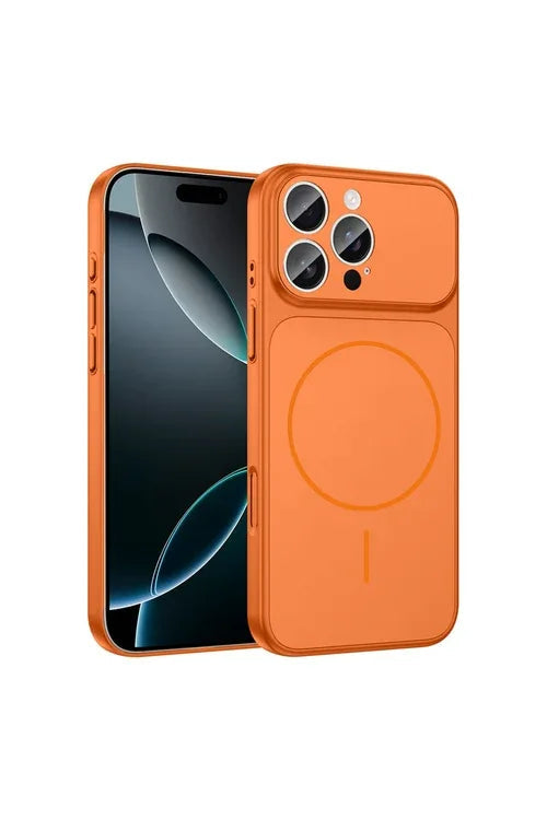 Orange iPhone 14 Pro Max case featuring magnetic charging and full camera coverage, slim design.