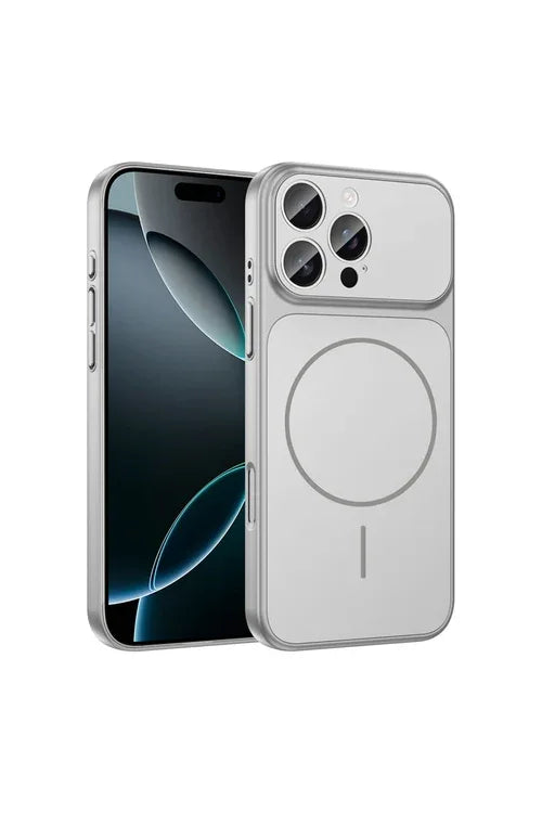 Silver lightweight iPhone 14 Pro Max case with magnetic charging and camera protection.
