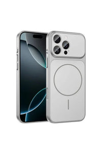 Silver lightweight iPhone 14 Pro Max case with magnetic charging and camera protection.