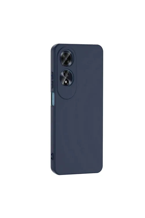 Navy blue Oppo A60 protective case highlighting camera protection and soft matte surface.