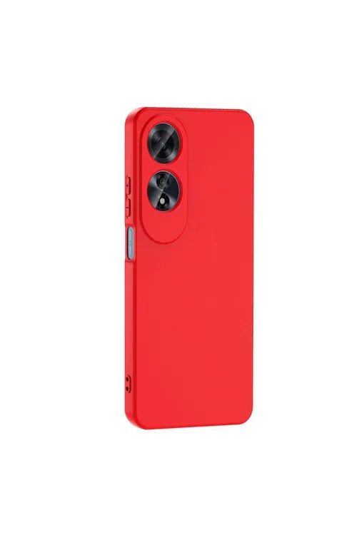 Close-up of red Oppo A60 case showing smooth matte finish and raised camera protection.