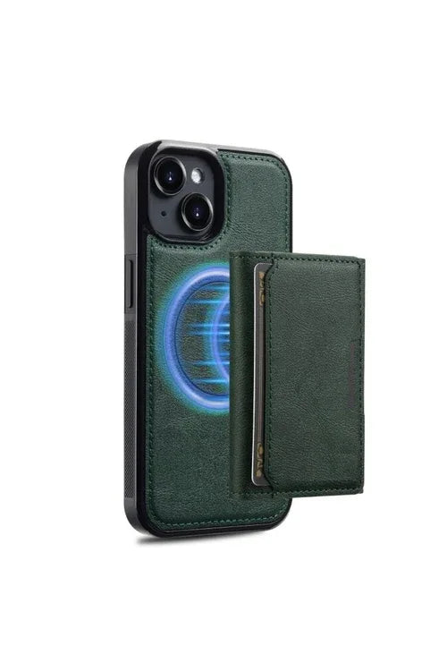 Green iPhone 14 Plus magnetic 2-in-1 case with card slot displayed upright
