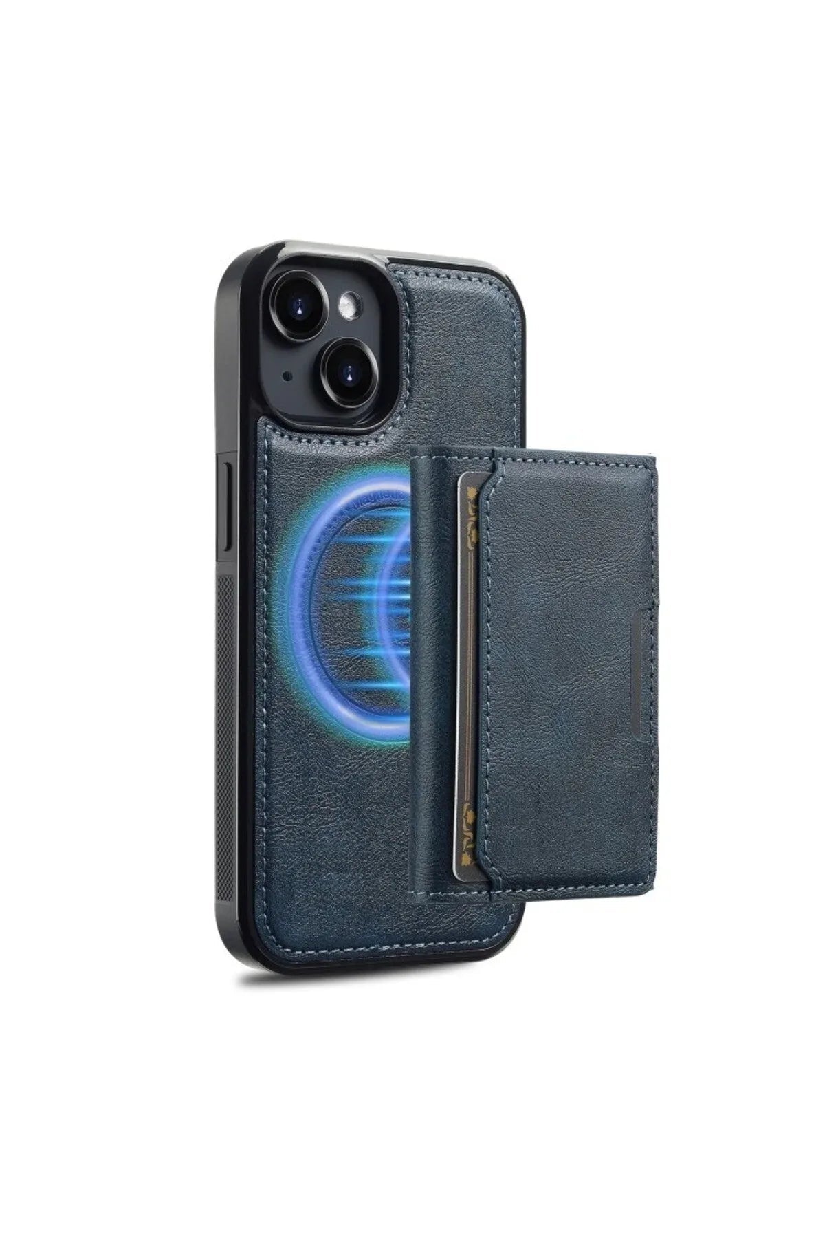 Navy blue iPhone 14 Plus magnetic 2-in-1 case with card holder on white background