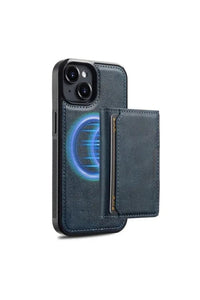 Close-up of navy blue magnetic iPhone 14 Plus case showing texture and card slot