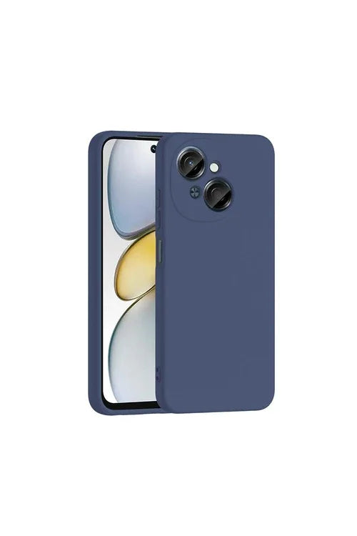 Navy blue Tecno Spark Go 1 silicone case featuring velvet lining displayed on white backdrop.