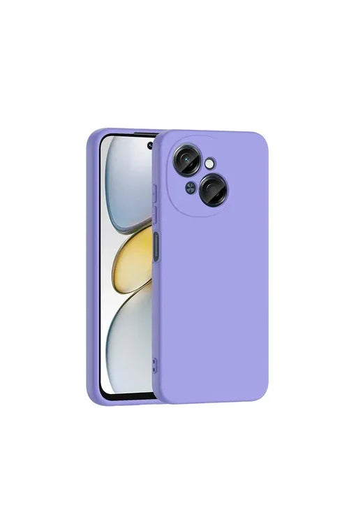 Close-up of purple Tecno Spark Go 1 silicone case showing smooth exterior and velvet inside.
