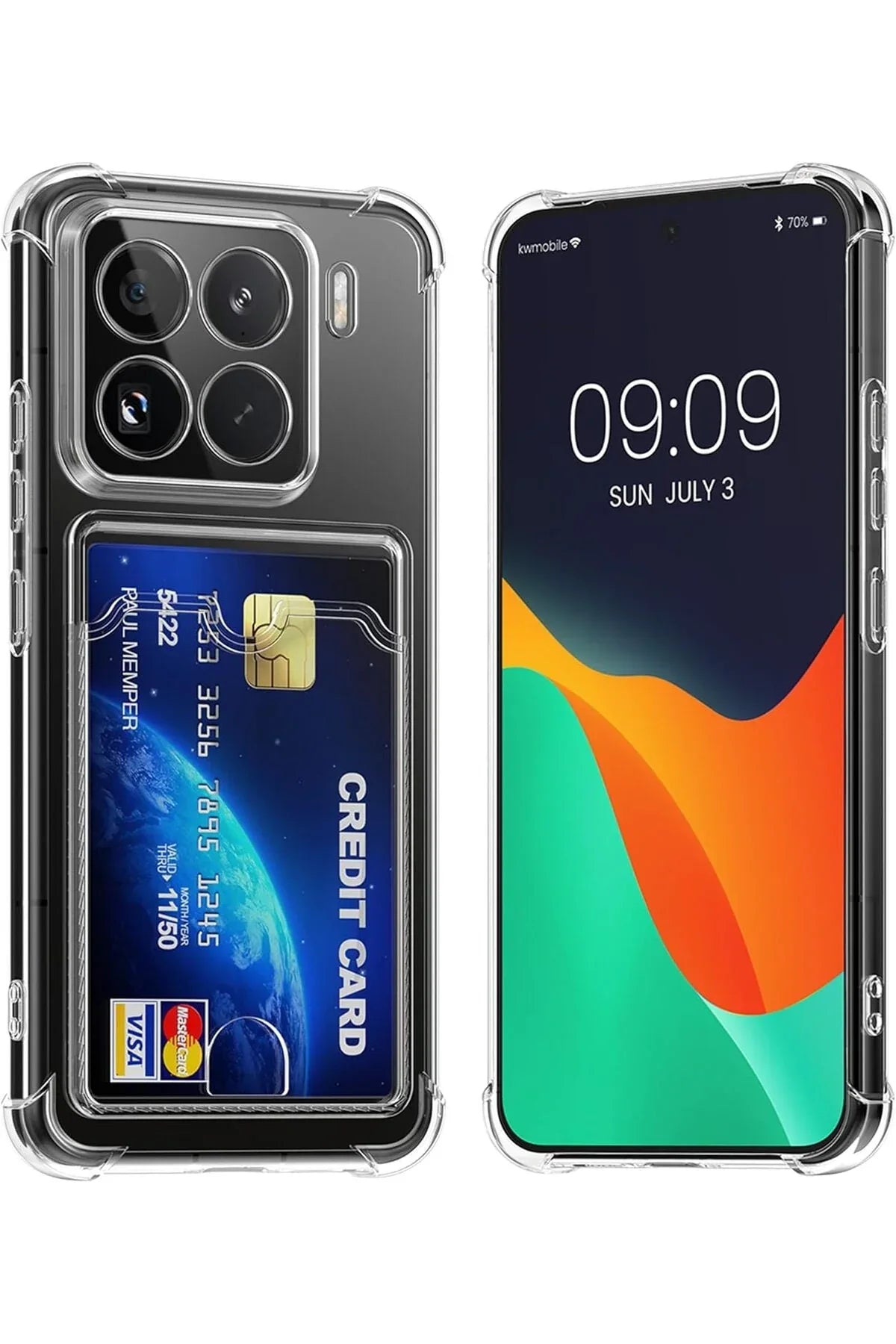Transparent shockproof silicone case for Xiaomi Mi 15 Pro with integrated card holder and corner protection.