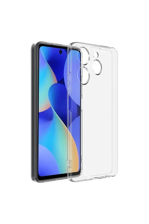 Close-up angled view of clear TPU silicone cover designed for Tecno Spark 40 4G, highlighting slim fit.
