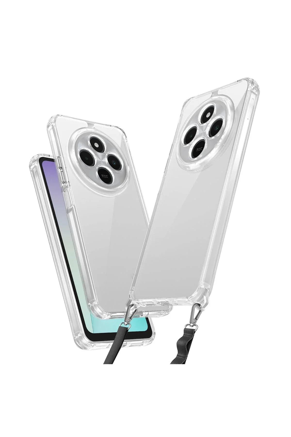 Clear Xiaomi Poco C75 case with attached black neck strap laid flat on white background.