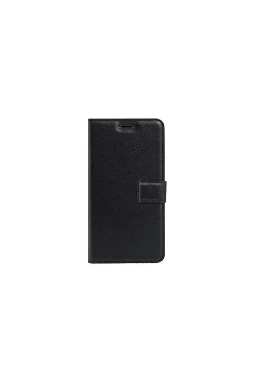 Black Vivo Y27 flip wallet case open, displaying phone inside and card slots on left side.