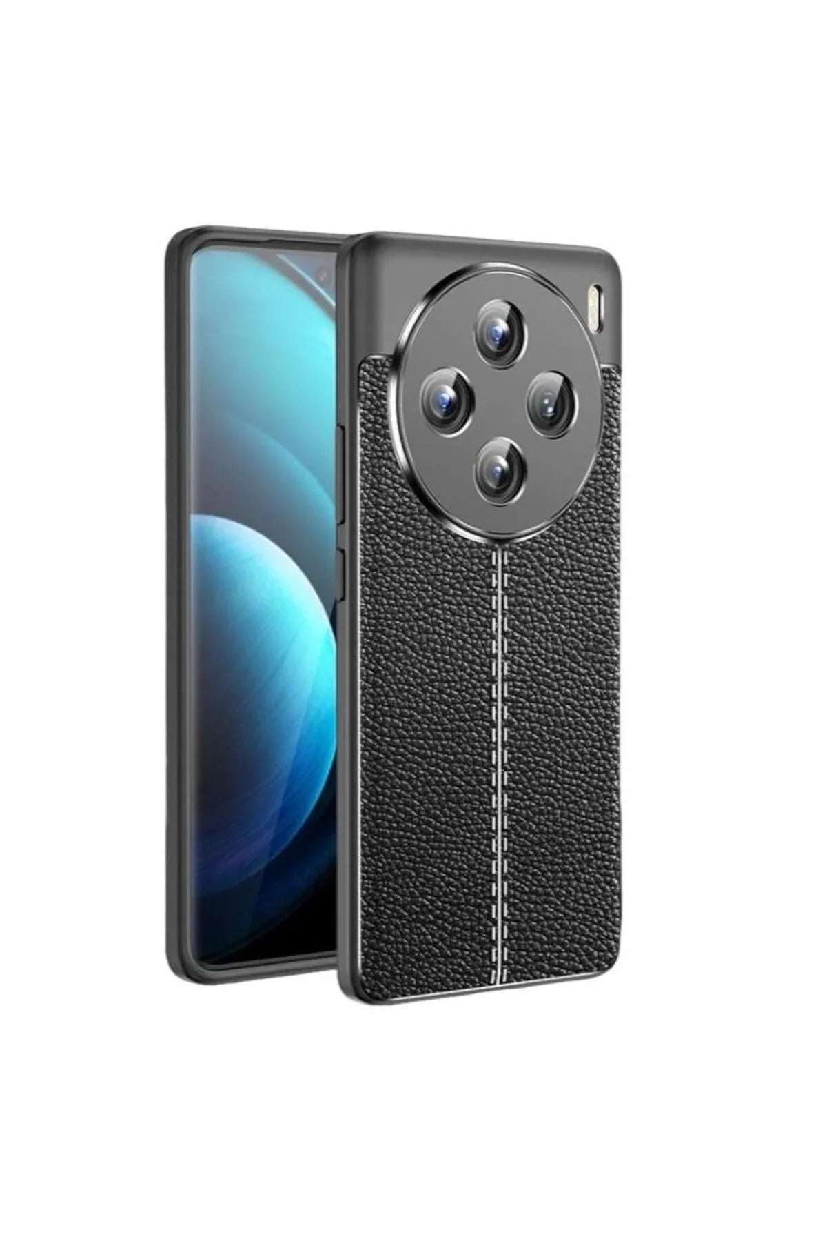 Back view of black Vivo X100 case with textured fiber leather design and silicone edges.