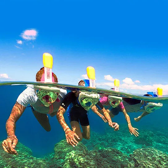 Top view of snorkel mask displaying adjustable strap and sealed edges.