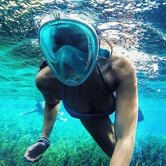 Transparent full-face snorkel mask showing wide visor and breathing tube design.