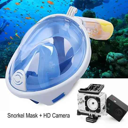 Person wearing full-face snorkel mask snorkeling in clear water.