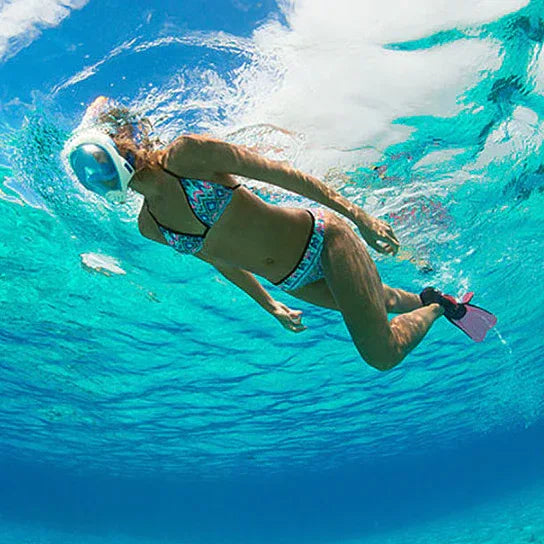 Front view of full-face snorkel mask showing wide field of view visor and snorkel tube.
