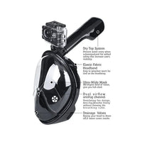 Close-up of the snorkel mask's breathing tube and anti-fog transparent visor.