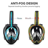 Full-face snorkel mask packed inside ventilated storage bag.