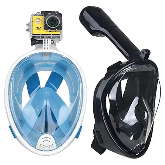 Transparent full-face snorkel mask hanging with strap visible against white background.