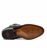 Top view showing round toe shape and stingray vamp texture of Georgia black cowboy boot.