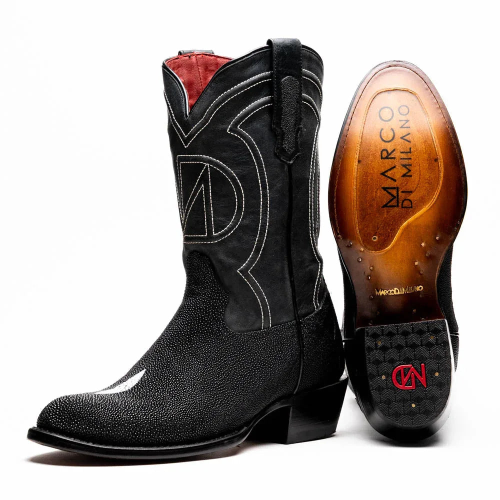Side view of black Georgia stingray skin cowboy boot showing textured vamp and smooth leather shaft.