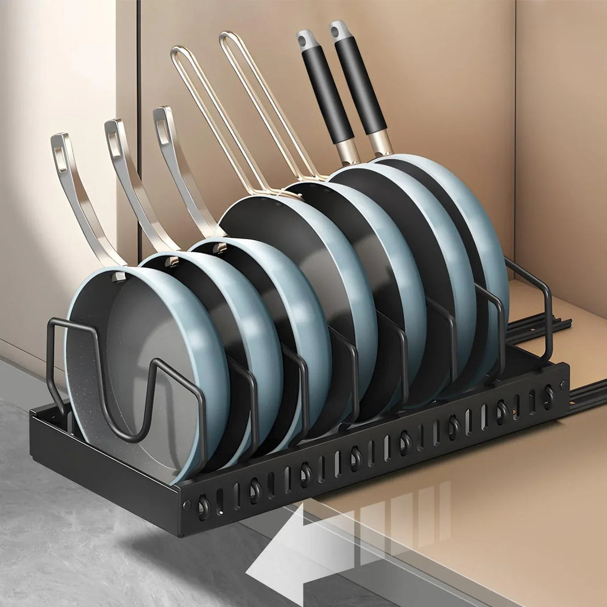 Kitchen utensil and tool organizer with multiple compartments holding spatulas and spoons on countertop