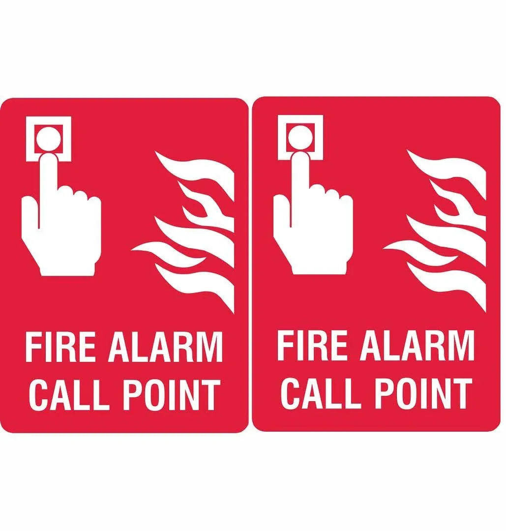 Pack of 10 fire alarm call point safety stickers with clear red and white design for emergency fire alerts