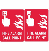 Pack of 10 fire alarm call point safety stickers with clear red and white design for emergency fire alerts