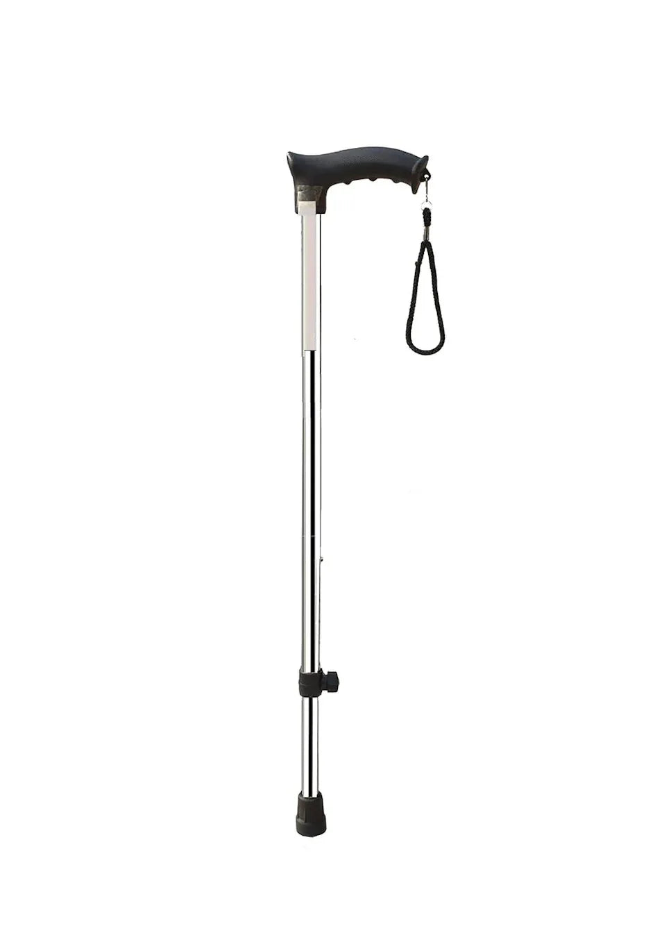 Single leg height adjustable walking stick with ergonomic handle and anti-skid rubber tip, shown upright on white background
