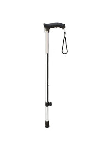 Single leg height adjustable walking stick with ergonomic handle and anti-skid rubber tip, shown upright on white background