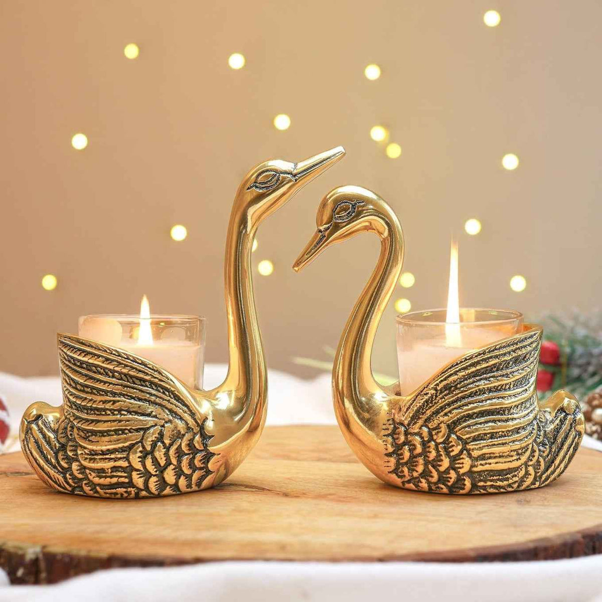 Golden Swan Couple Candle Holder Showpiece