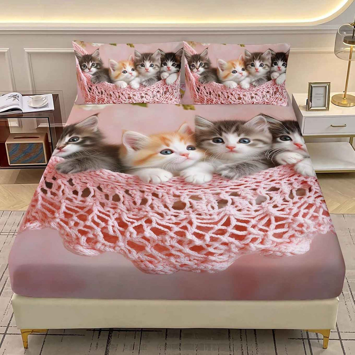 3D Cat Print Twin Fitted Bedsheet Set