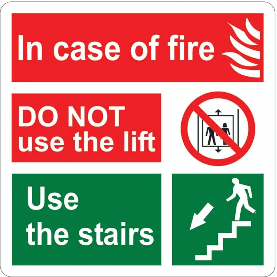 Two 8x8 inch fire safety sign decal stickers with clear fire hazard symbols and instructions for emergency use.