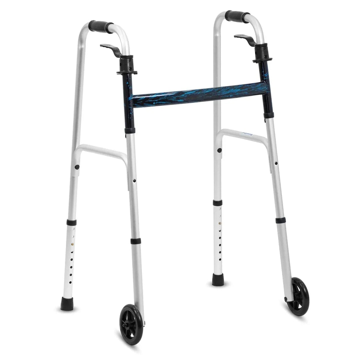 Silver adjustable folding aluminum walker with ergonomic hand grips and rubber tips for stability