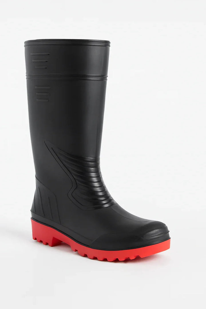 Black high-cut safety boots with red soles designed for fire protection and heavy-duty industrial use.