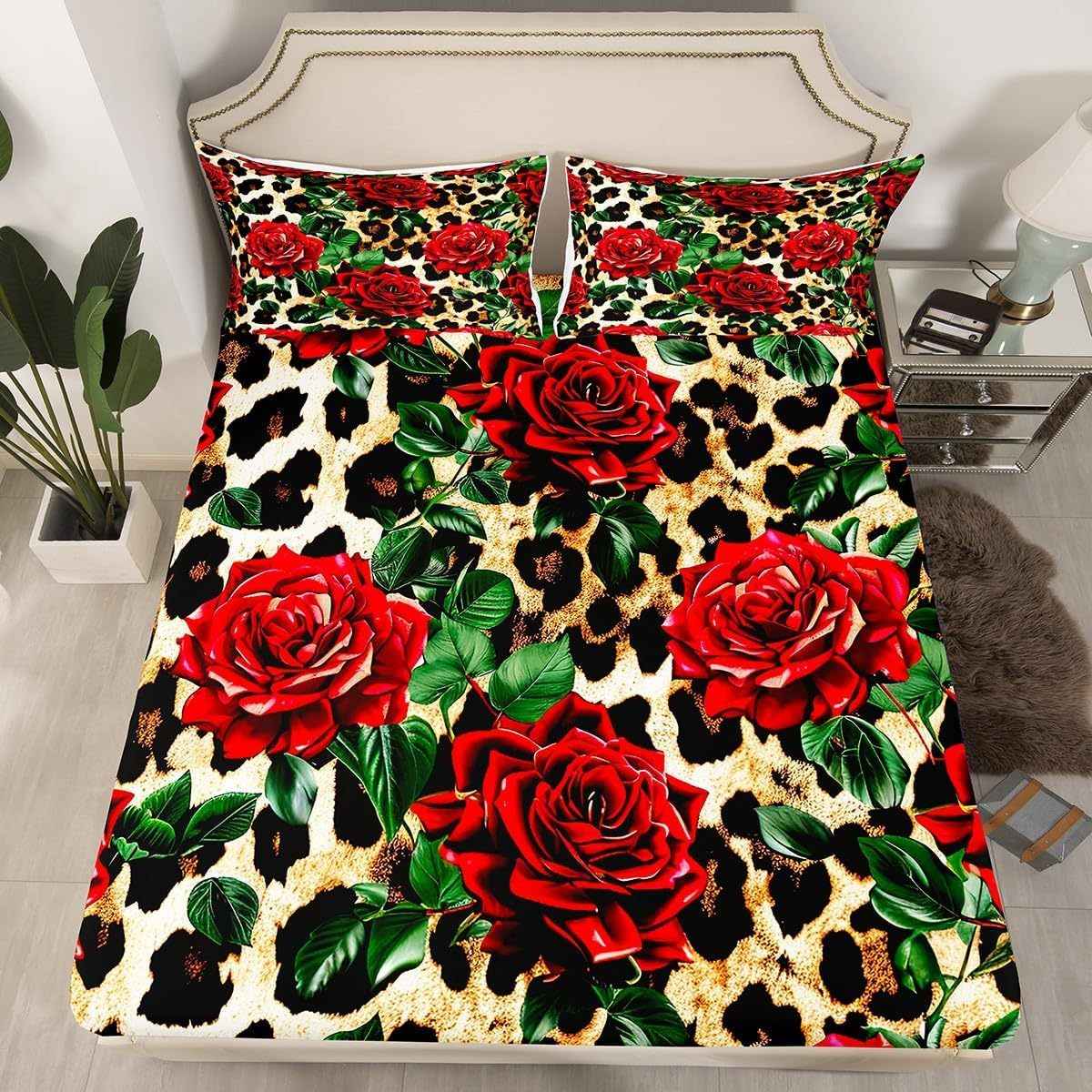 Leopard Floral Full Fitted Bedsheet Set