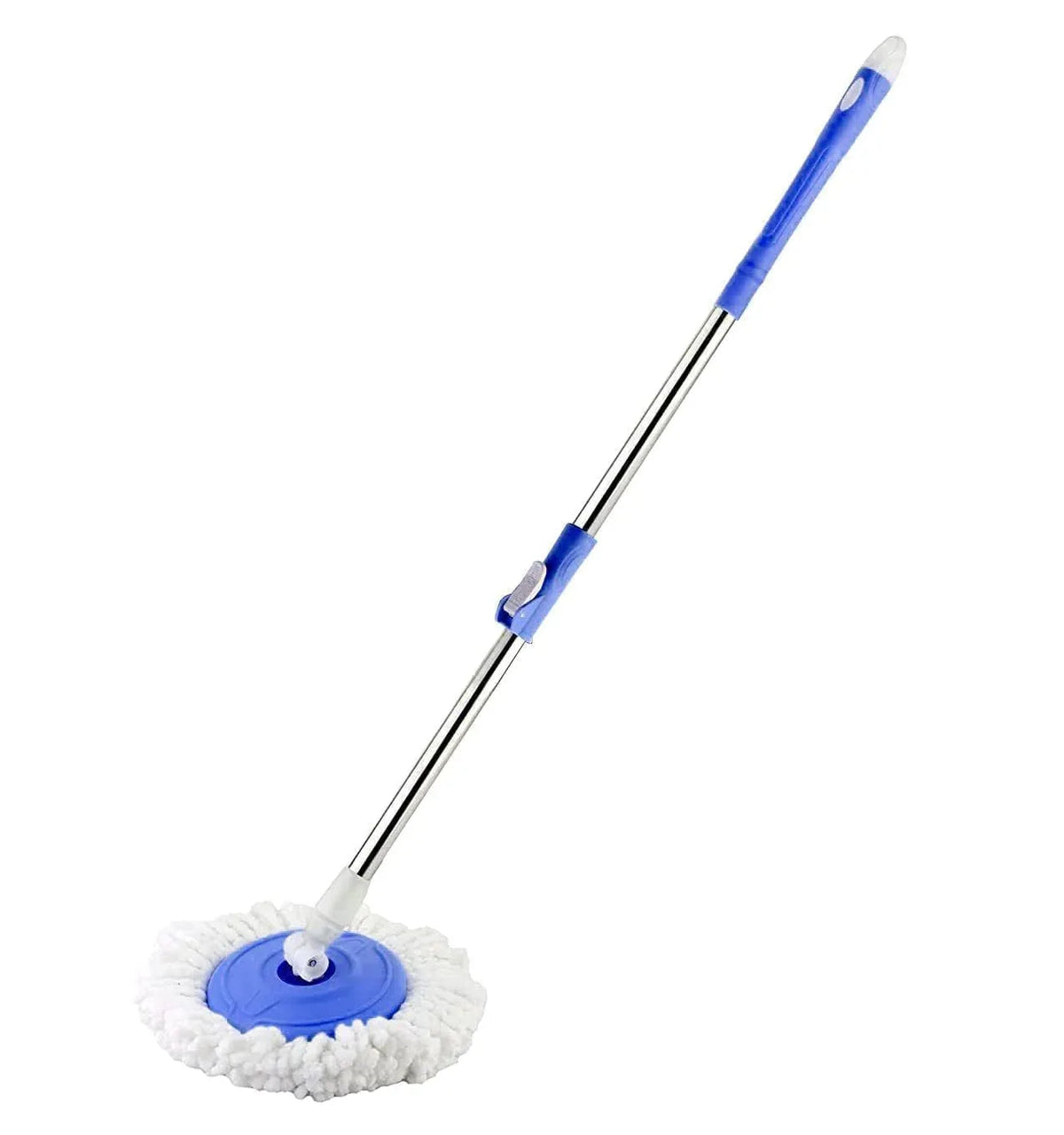 360° Spin Mop Stick with extendable handle leaning against a white wall, ready for cleaning floors.