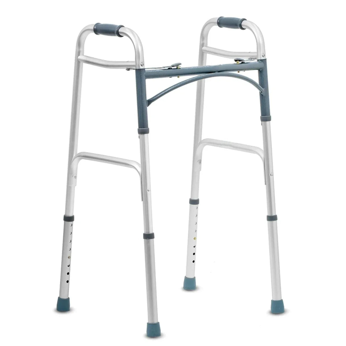 Silver lightweight adjustable folding aluminum walker with ergonomic grips and non-slip rubber tips for stability