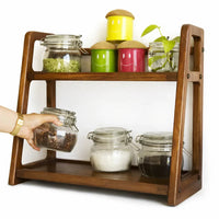 2-tier rustic brown wooden kitchen rack wall-mounted with decorative items in a modern kitchen setting