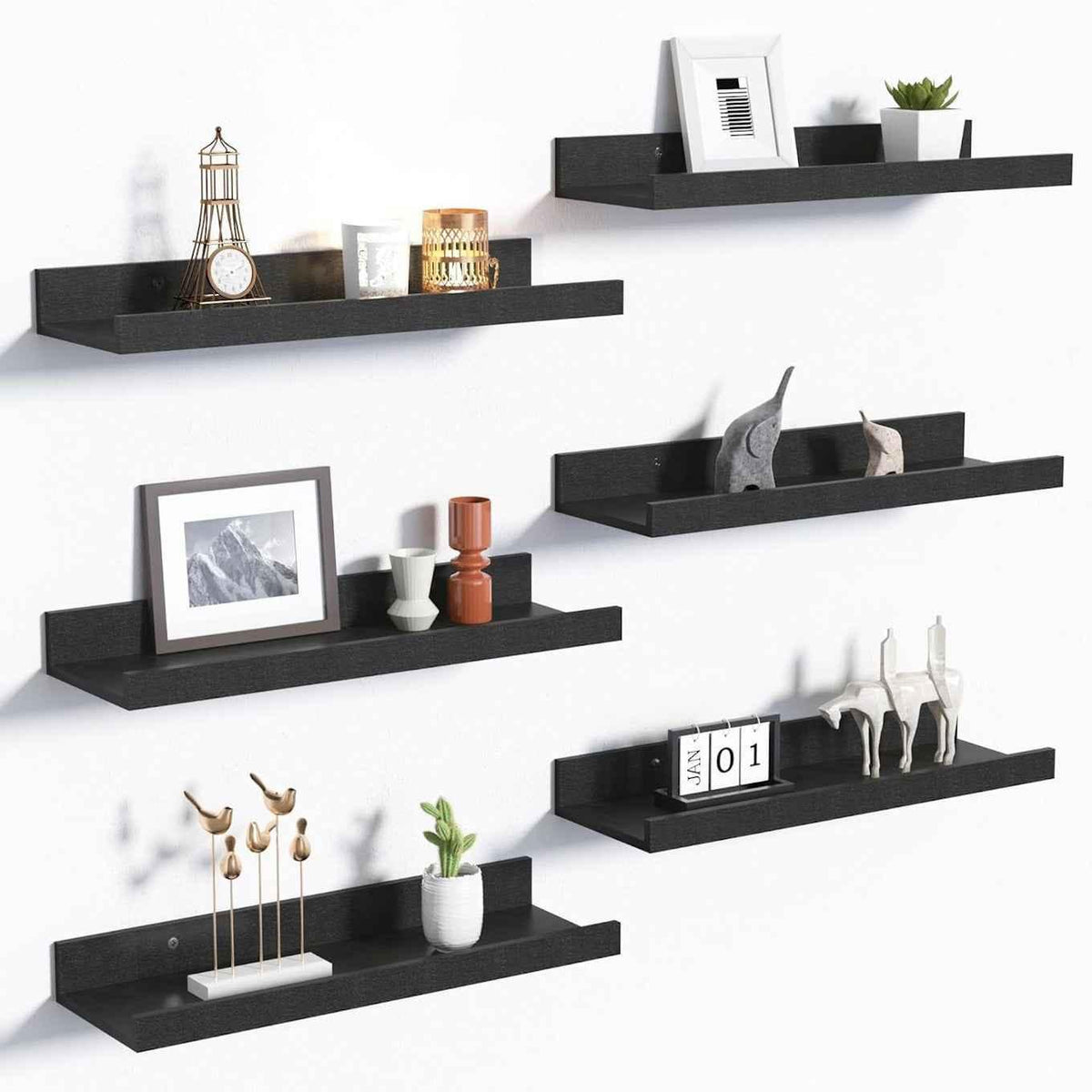 Black Wood Floating Shelves Set of 6
