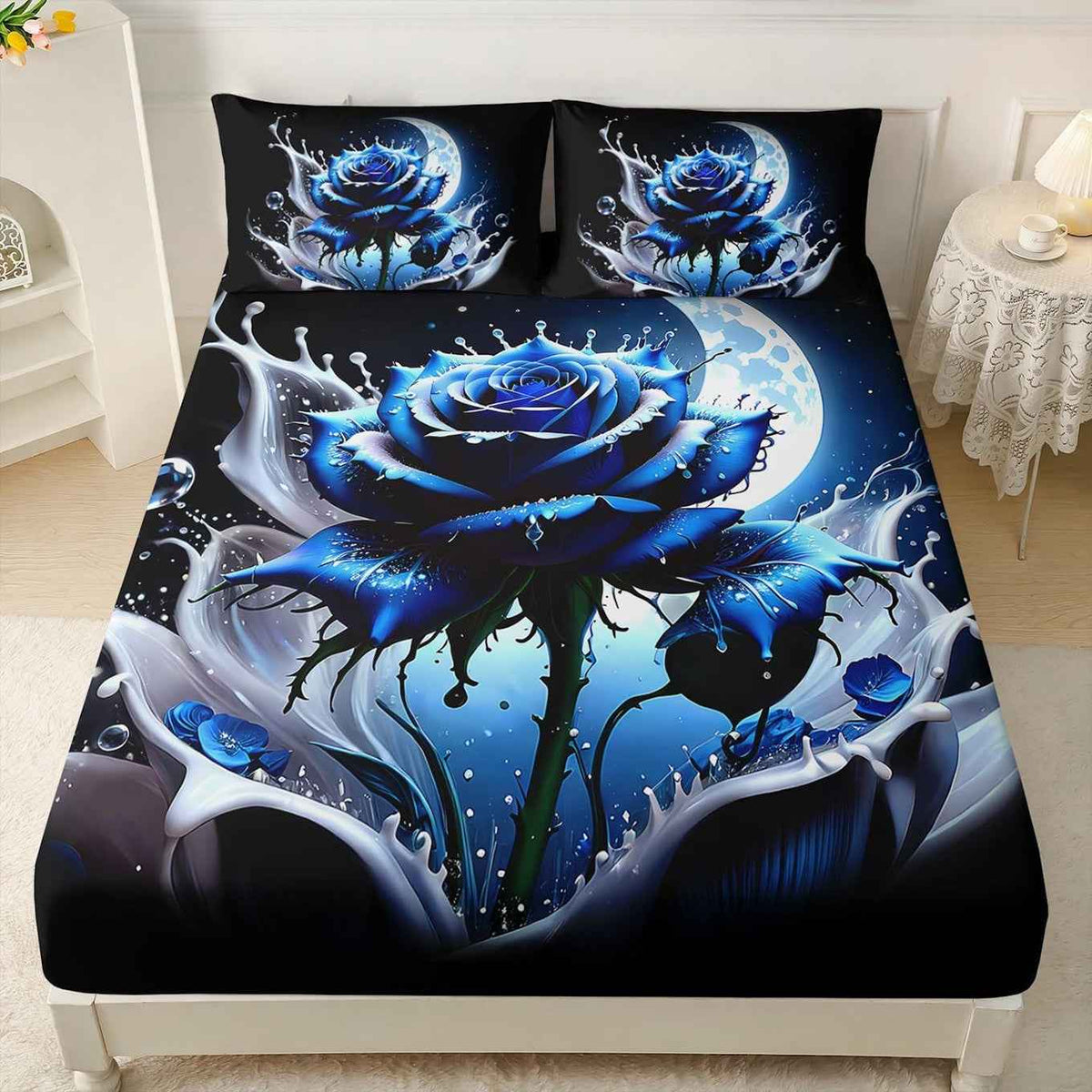3D Blue Rose Full Fitted Bedsheet Set