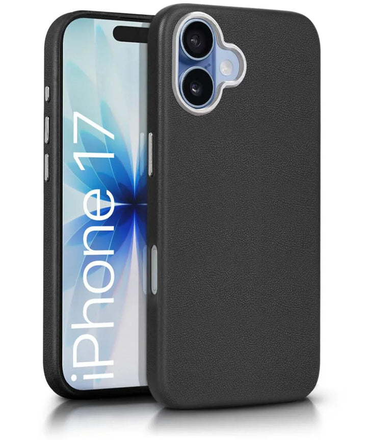 Tough leather back cover protecting an iPhone 17, showcasing its durable and sleek design.