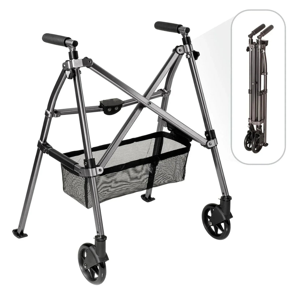 EZ Fold-N-Go lightweight 2 wheel walker with ergonomic grips and sturdy frame for improved mobility and safety.