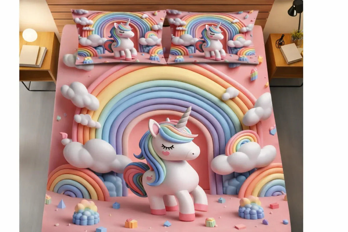 Magical 3D Rainbow Unicorn Kids Bedsheet